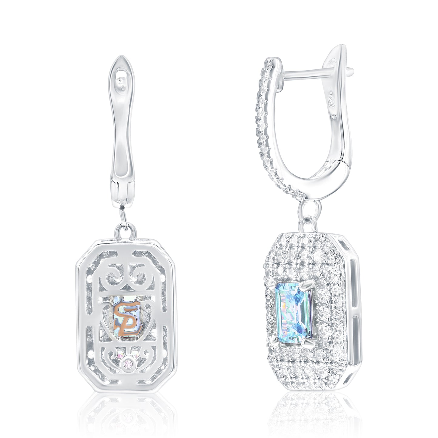 Suzy Levian Sterling Silver Emerald Cut Aqua Blue CZ & White CZ Pave Drop Earrings