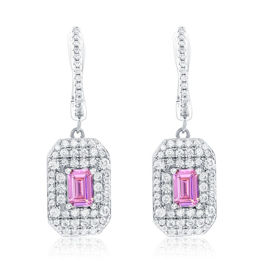 Suzy Levian Sterling Silver Emerald Cut Pink CZ & White CZ Pave Drop Earrings