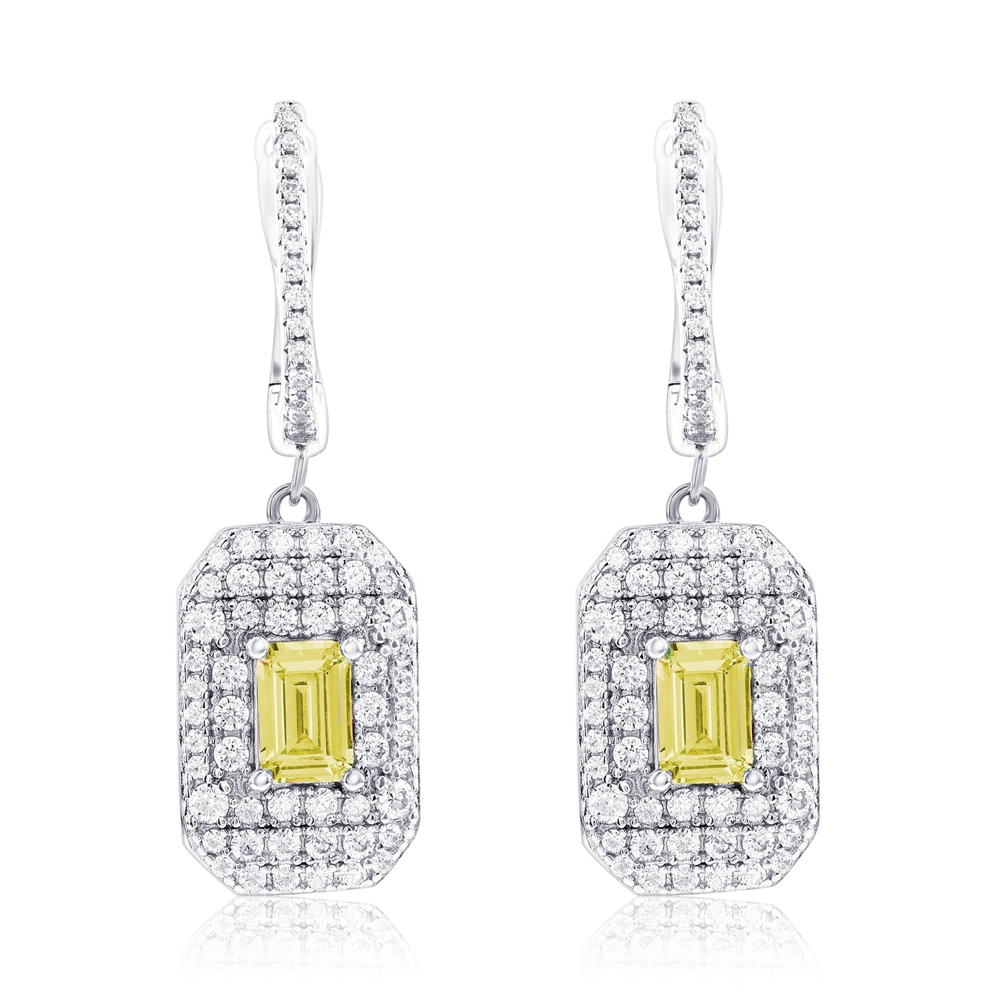Suzy Levian Sterling Silver Emerald Cut Yellow CZ & White CZ Pave Drop Earrings