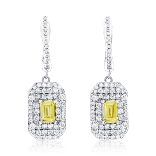 Suzy Levian Sterling Silver Emerald Cut Yellow CZ & White CZ Pave Drop Earrings