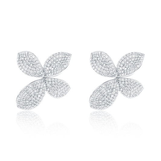 Suzy Levian White Sterling Silver White Cubic Zirconia Large Abstract Pave Flower Earrings