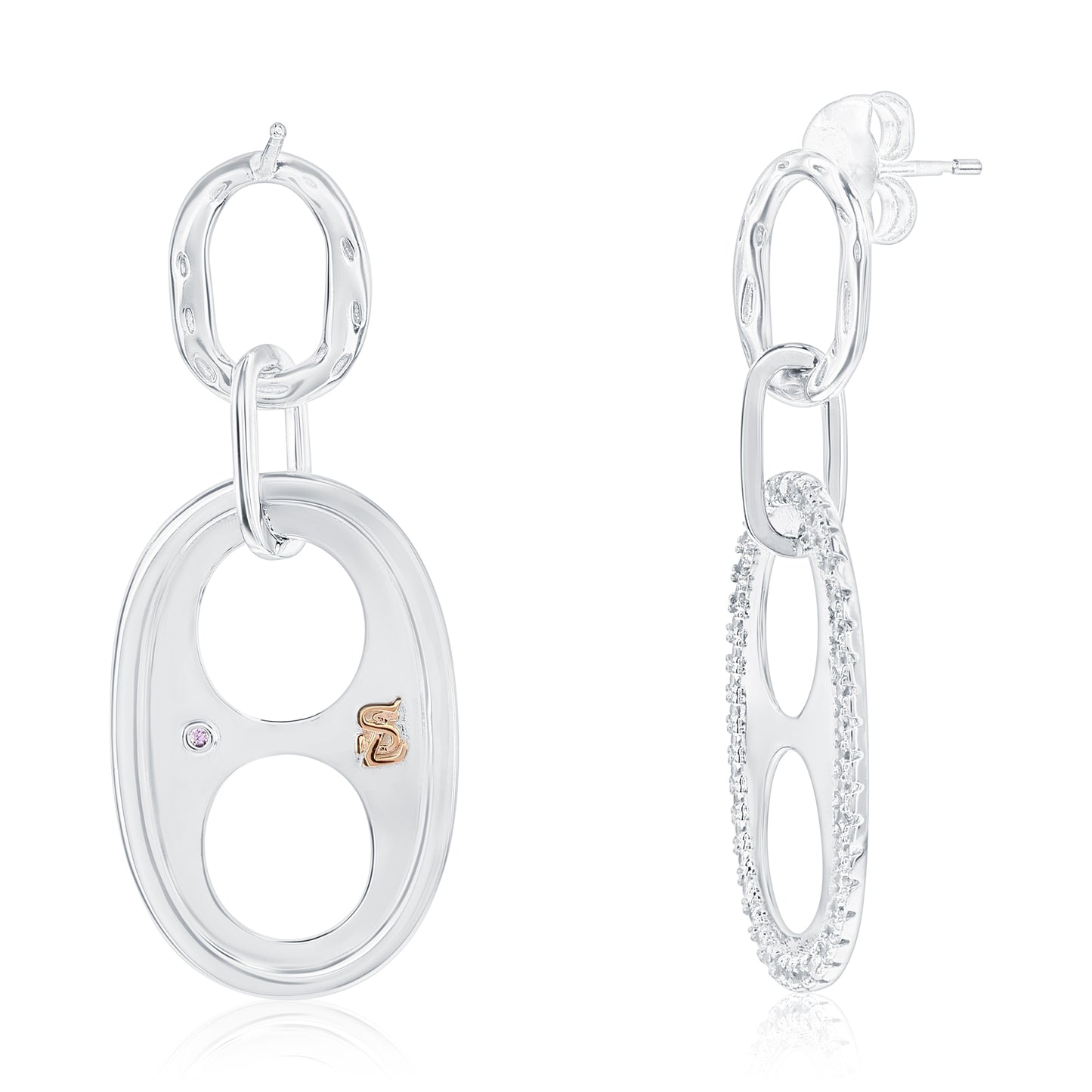 Suzy Levian Sterling Silver White Cubic Zirconia Oval Double Circle Drop Earrings