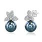 Suzy Levian Sterling Silver Black Pearl & White Cubic Zirconia Flower Earrings