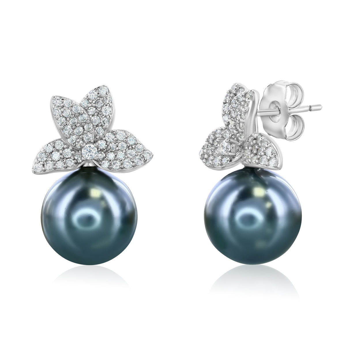 Suzy Levian Sterling Silver Black Pearl & White Cubic Zirconia Flower Earrings