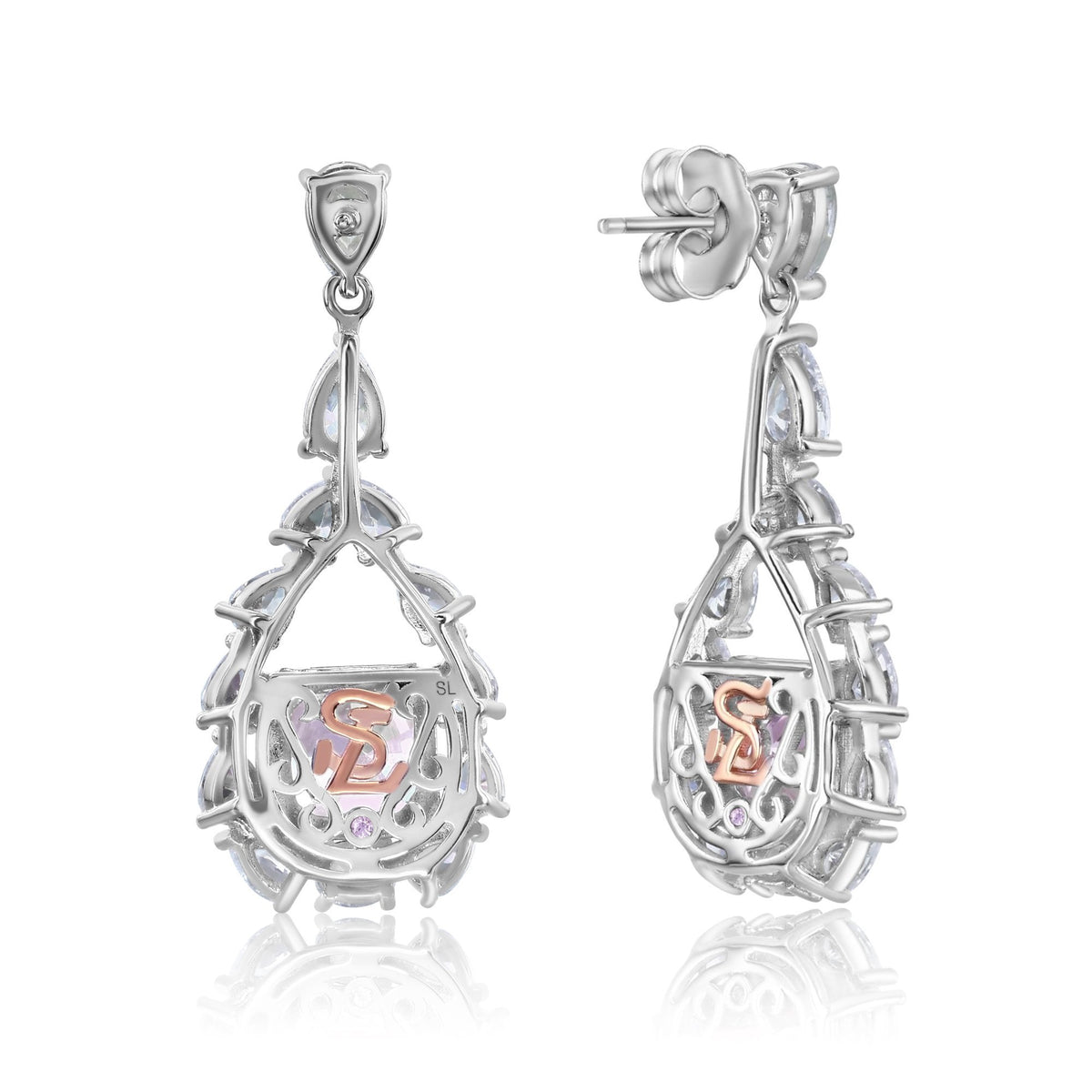 Suzy Levian Sterling Silver Pink Firework Cut Square Cushion Cut Cubic Zirconia Teardrop Shape Earrings
