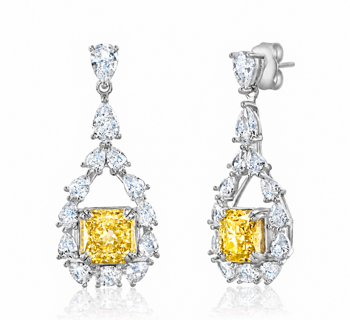 Suzy Levian Sterling Silver Fancy Yellow Firework Cut Square Cushion Cut Cubic Zirconia Teardrop Shape Earrings