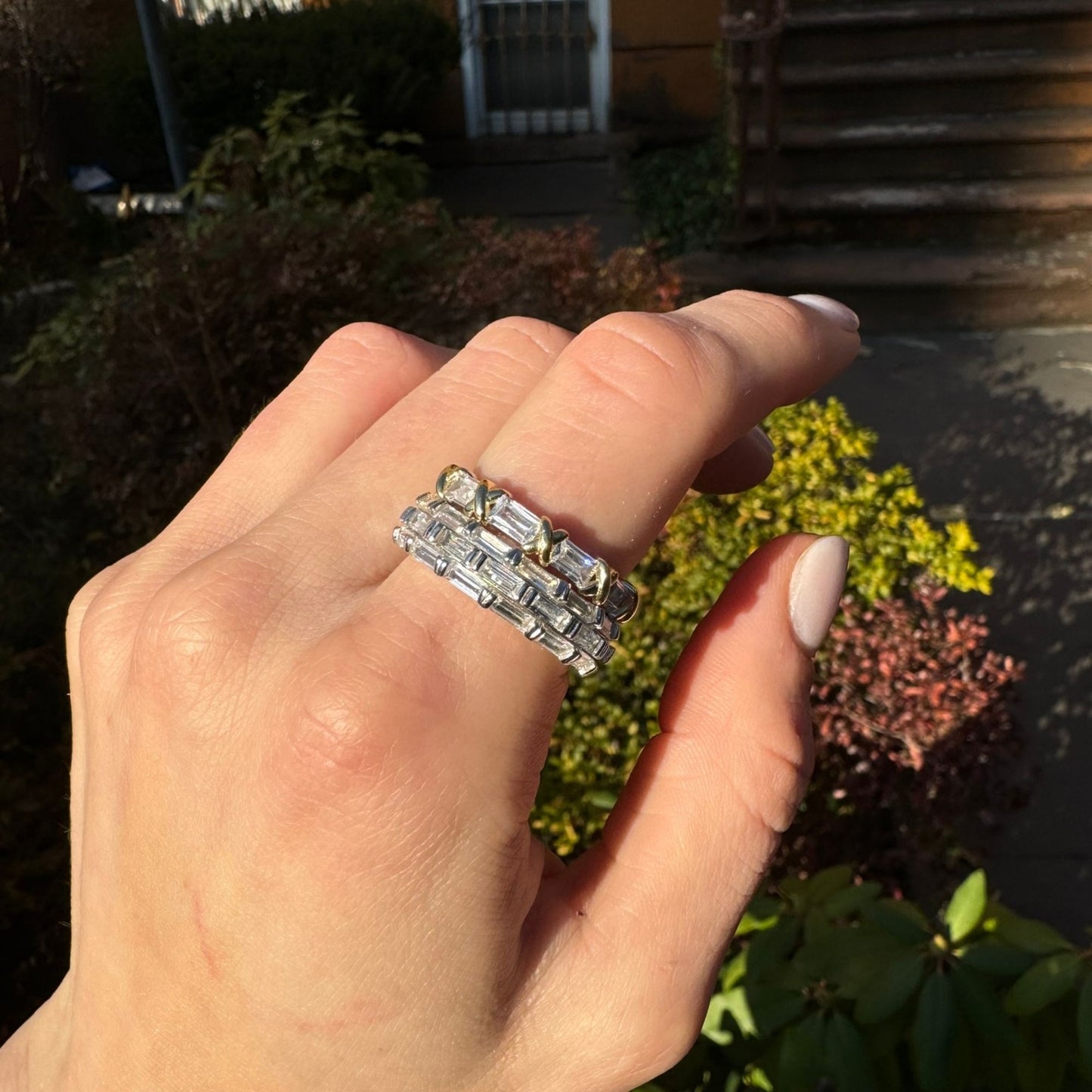 Suzy Levian Sterling Silver Baguette Cubic Zirconia Yellow Gold X Eternity Band