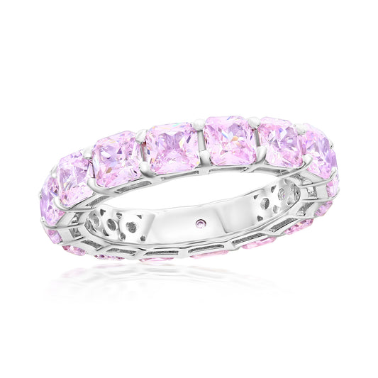 Suzy Levian Sterling Silver Cubic Zirconia Pink Cushion Cut Eternity Band