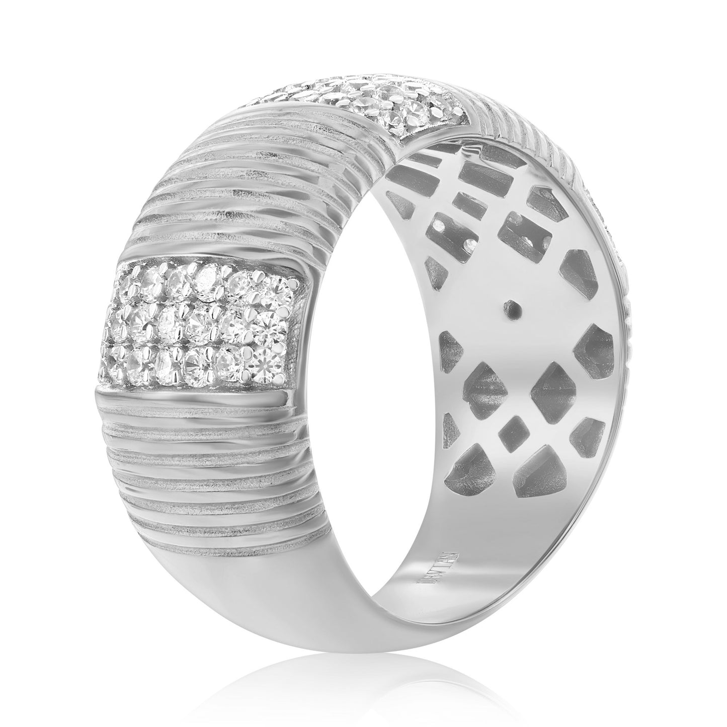 Suzy Levian White Sterling Silver White Cubic Zirconia Pave Lined Wide Band