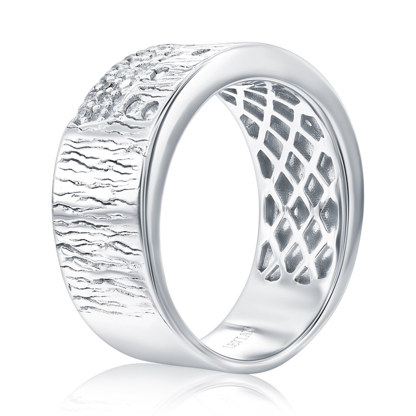 Suzy Levian Sterling Silver Engraved White Cubic Zirconia Scattered Wide Cigar Band Ring