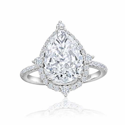 Suzy Levian Sterling Silver Large Firework Cut Pear Shape White Cubic Zirconia Halo Pointed Engagement Ring