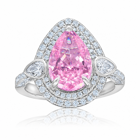 Suzy Levian Sterling Silver Firework Cut Pear Shape Pink Cubic Zirconia  Double Halo Engagement Ring