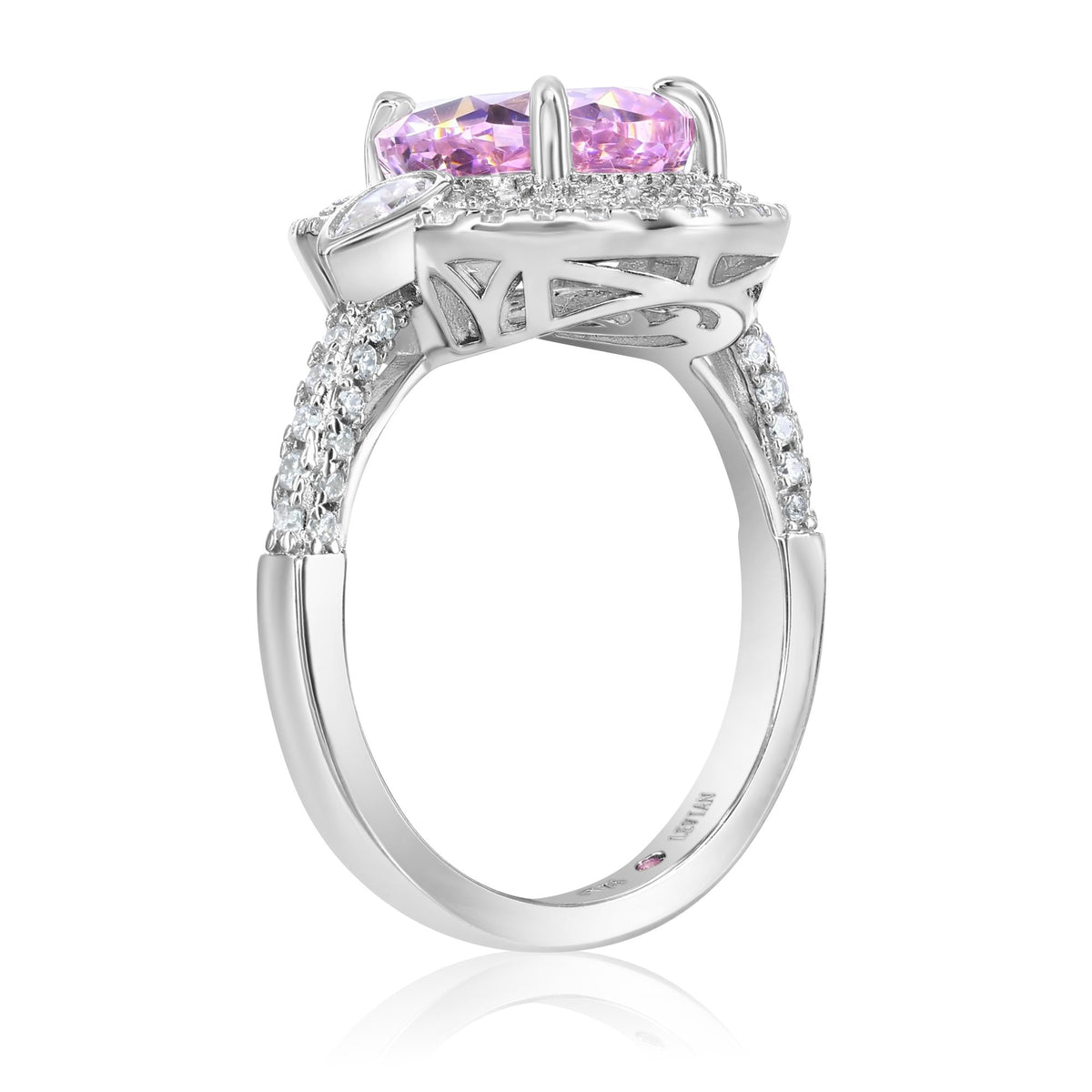 Suzy Levian Sterling Silver Firework Cut Pear Shape Pink Cubic Zirconia  Double Halo Engagement Ring
