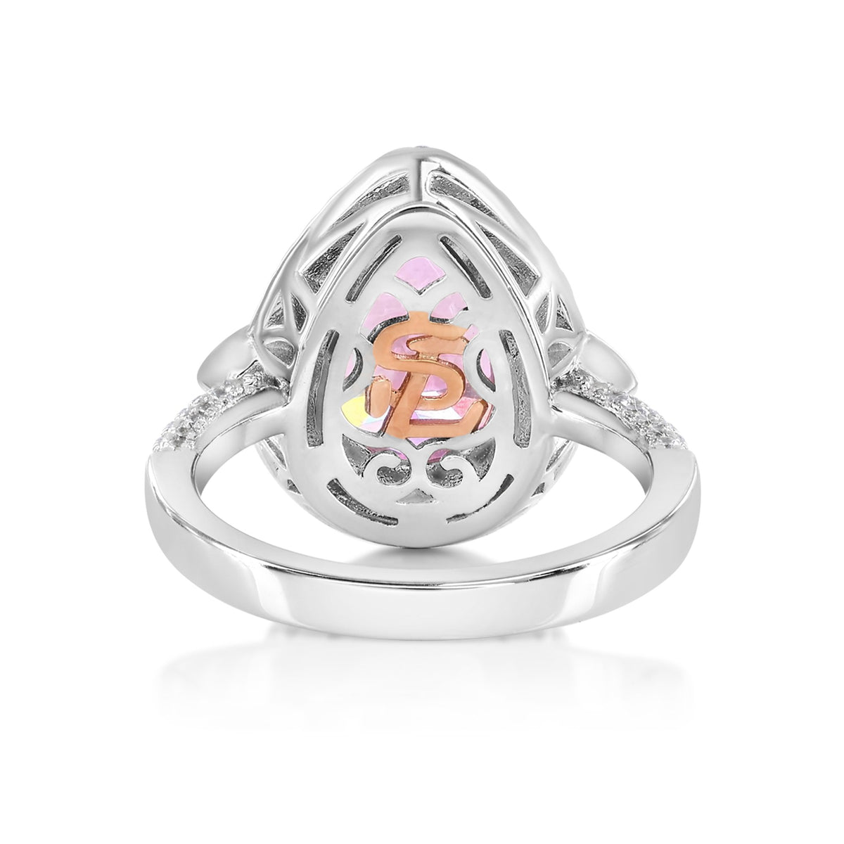 Suzy Levian Sterling Silver Firework Cut Pear Shape Pink Cubic Zirconia  Double Halo Engagement Ring