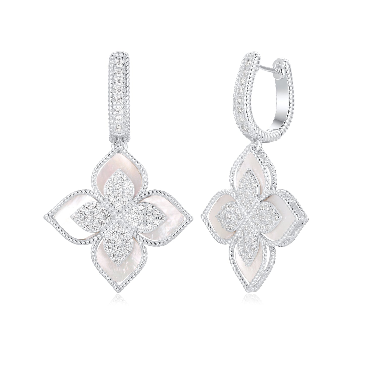 Suzy Levian Sterling Silver Mother of Pearl White Cubic Zirconia Pave Flower Clover Hanging Earrings