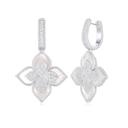 Suzy Levian Sterling Silver Mother of Pearl White Cubic Zirconia Pave Flower Clover Hanging Earrings