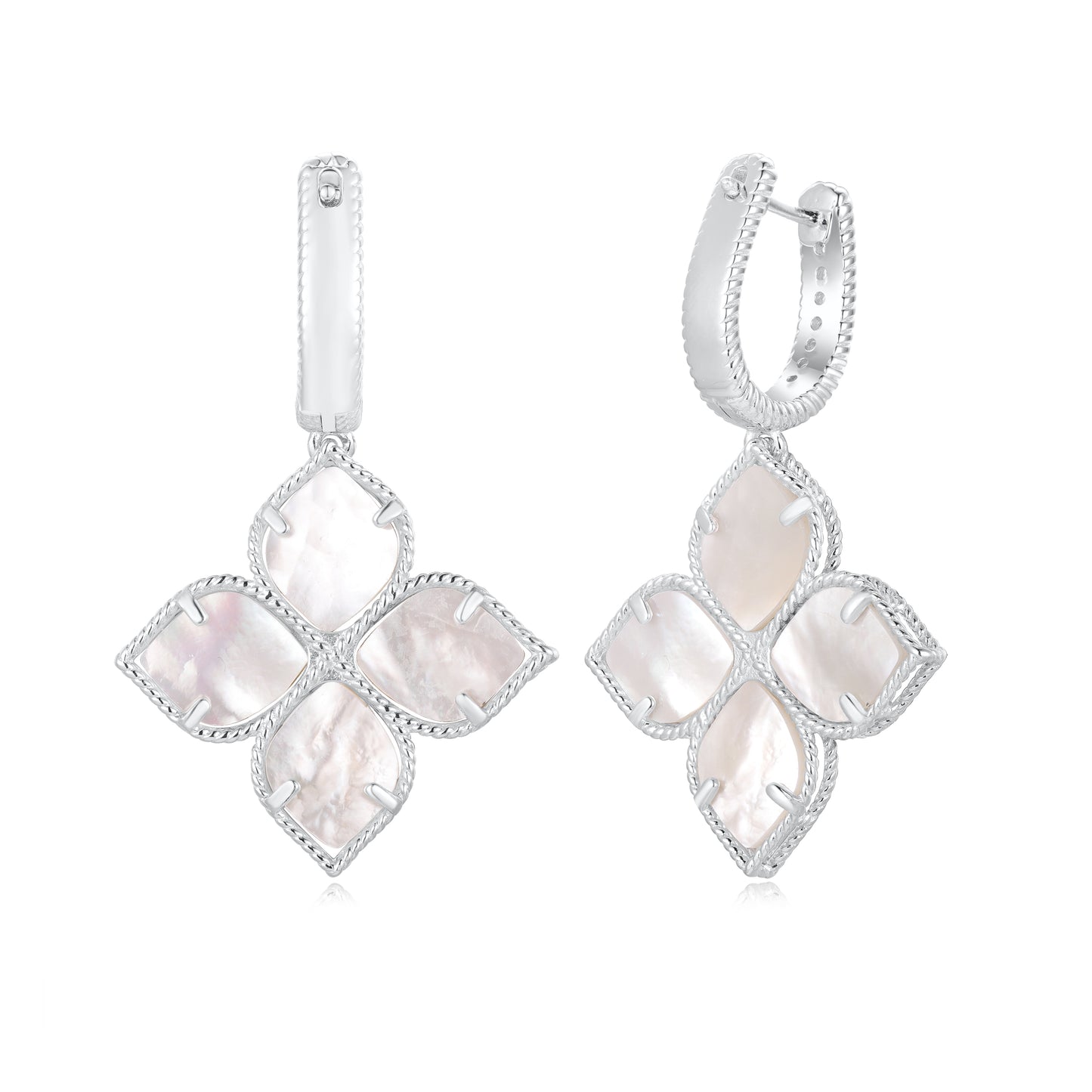 Suzy Levian Sterling Silver Mother of Pearl White Cubic Zirconia Pave Flower Clover Hanging Earrings