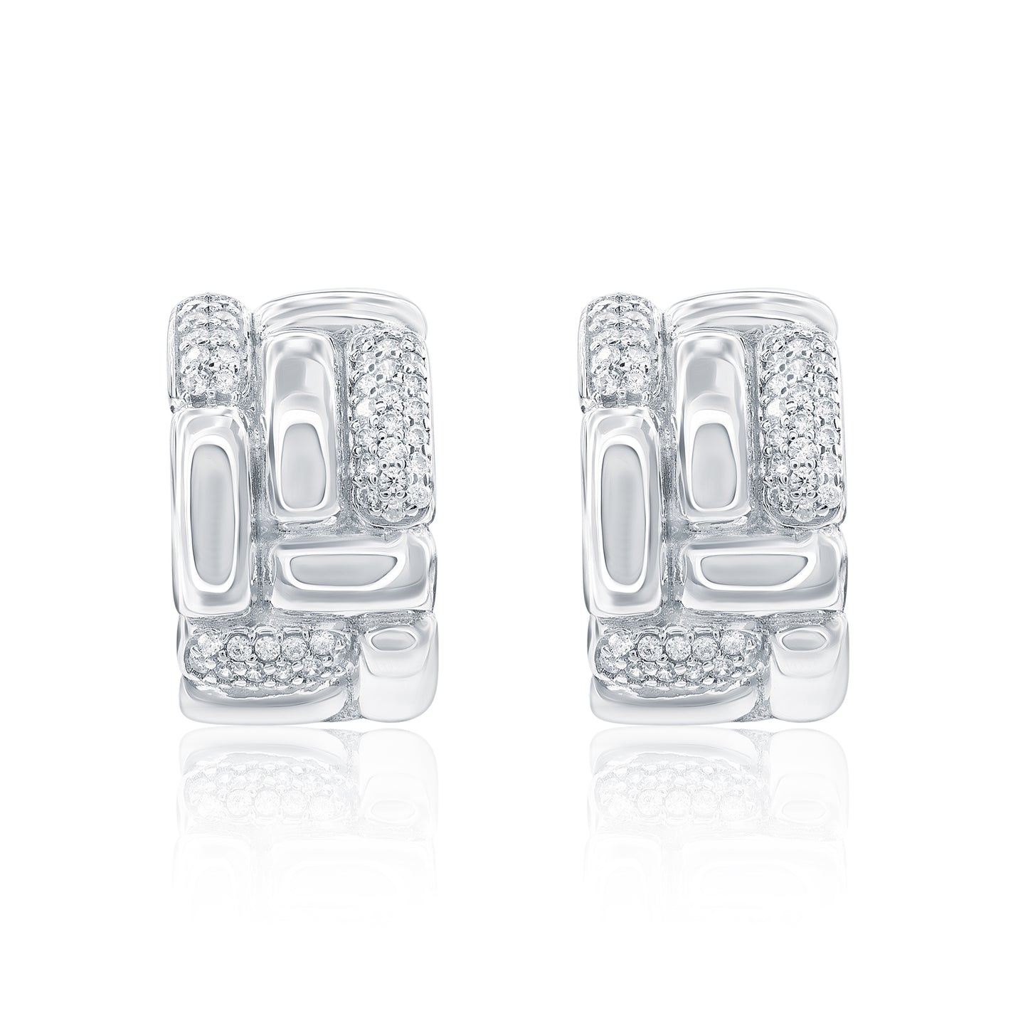 Suzy Levian Sterling Silver & White Cubic Zirconia Pave Checkered Woven Huggie Hoop Earrings
