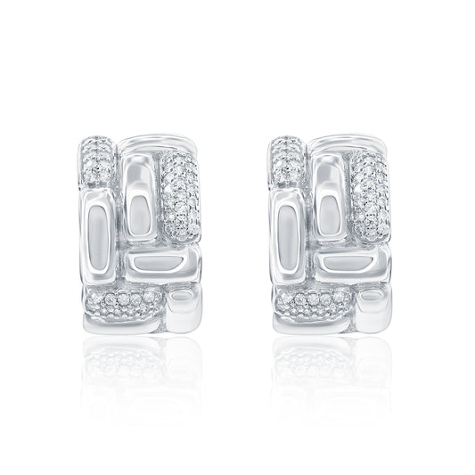Suzy Levian Sterling Silver & White Cubic Zirconia Pave Checkered Woven Huggie Hoop Earrings
