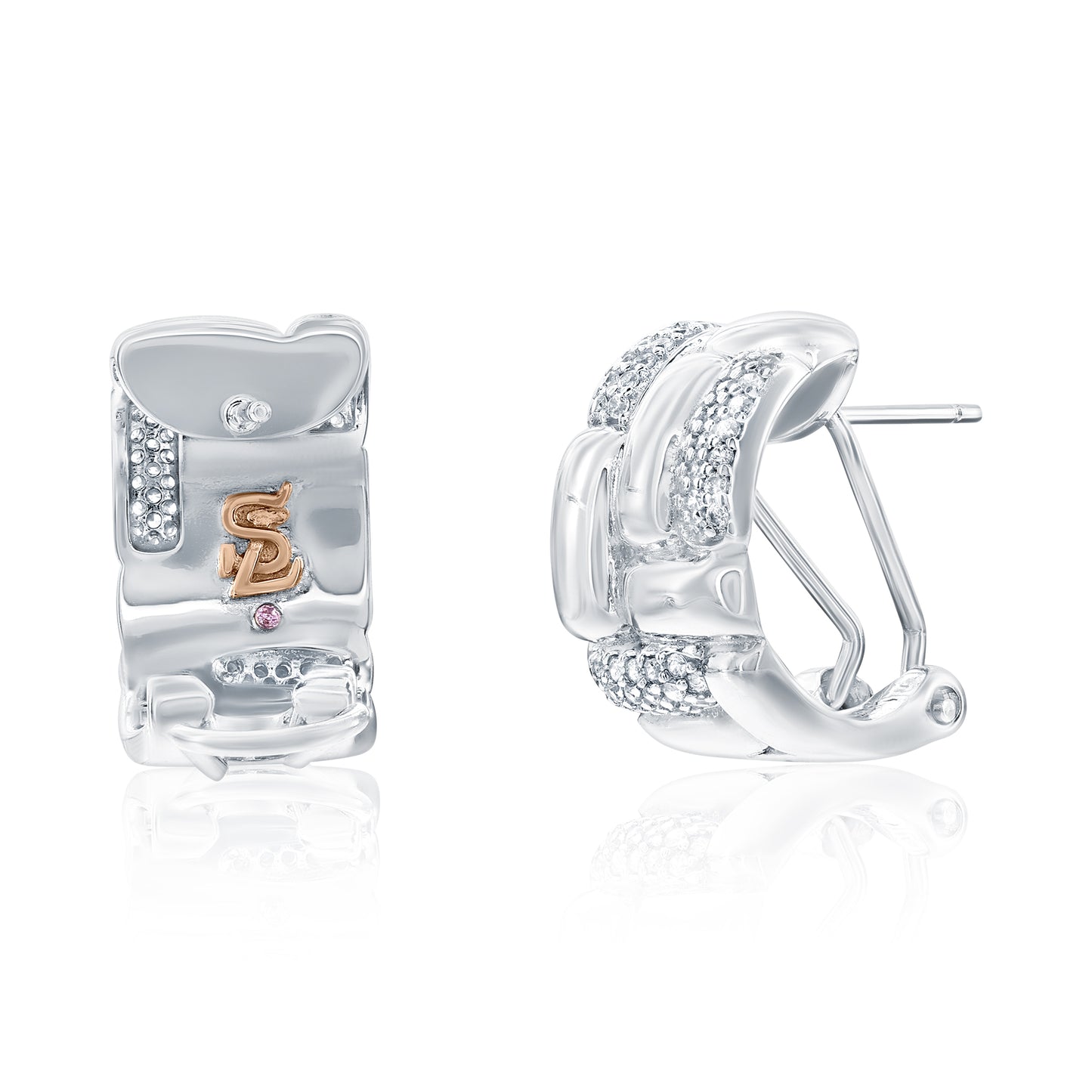 Suzy Levian Sterling Silver & White Cubic Zirconia Pave Checkered Woven Huggie Hoop Earrings