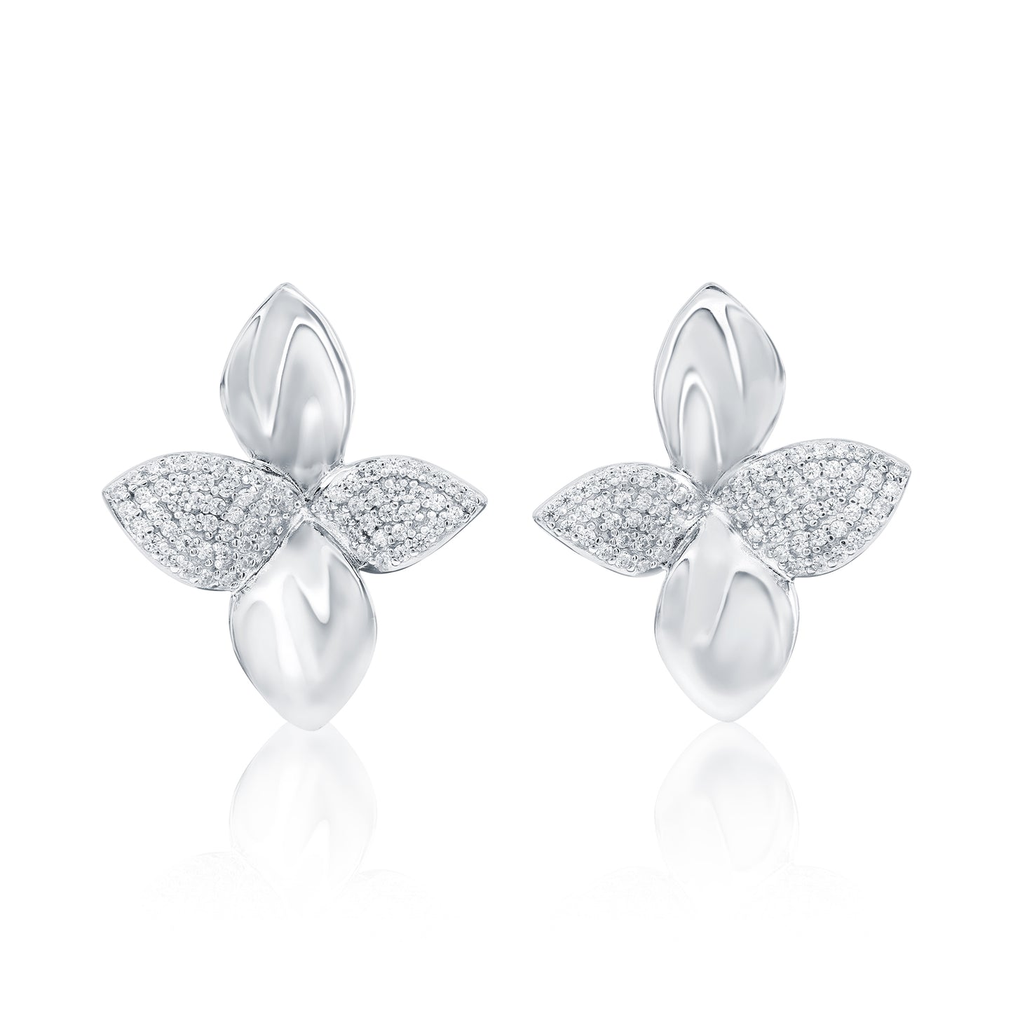 Share Suzy Levian White Sterling Silver White Cubic Zirconia Pave Abstract Flower Petal Earrings