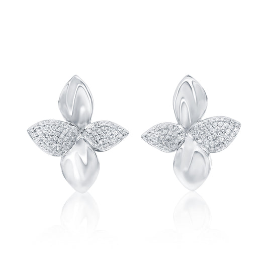 Share Suzy Levian White Sterling Silver White Cubic Zirconia Pave Abstract Flower Petal Earrings