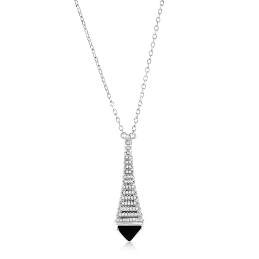 Suzy Levian Sterling Silver Pave White Cubic Zirconia Black Enamel Eiffel Tower Paris Pendant