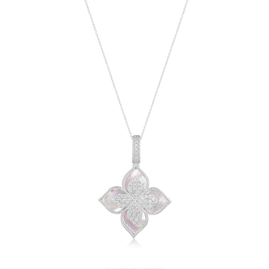 Suzy Levian Sterling Silver Mother of Pearl White Cubic Zirconia Pave Flower Clover Pendant