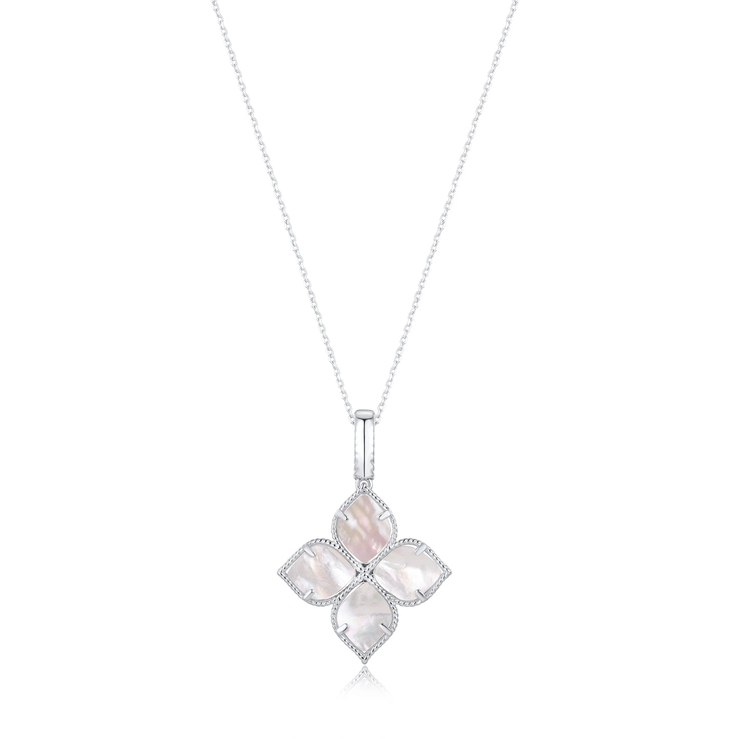 Suzy Levian Sterling Silver Mother of Pearl White Cubic Zirconia Pave Flower Clover Pendant