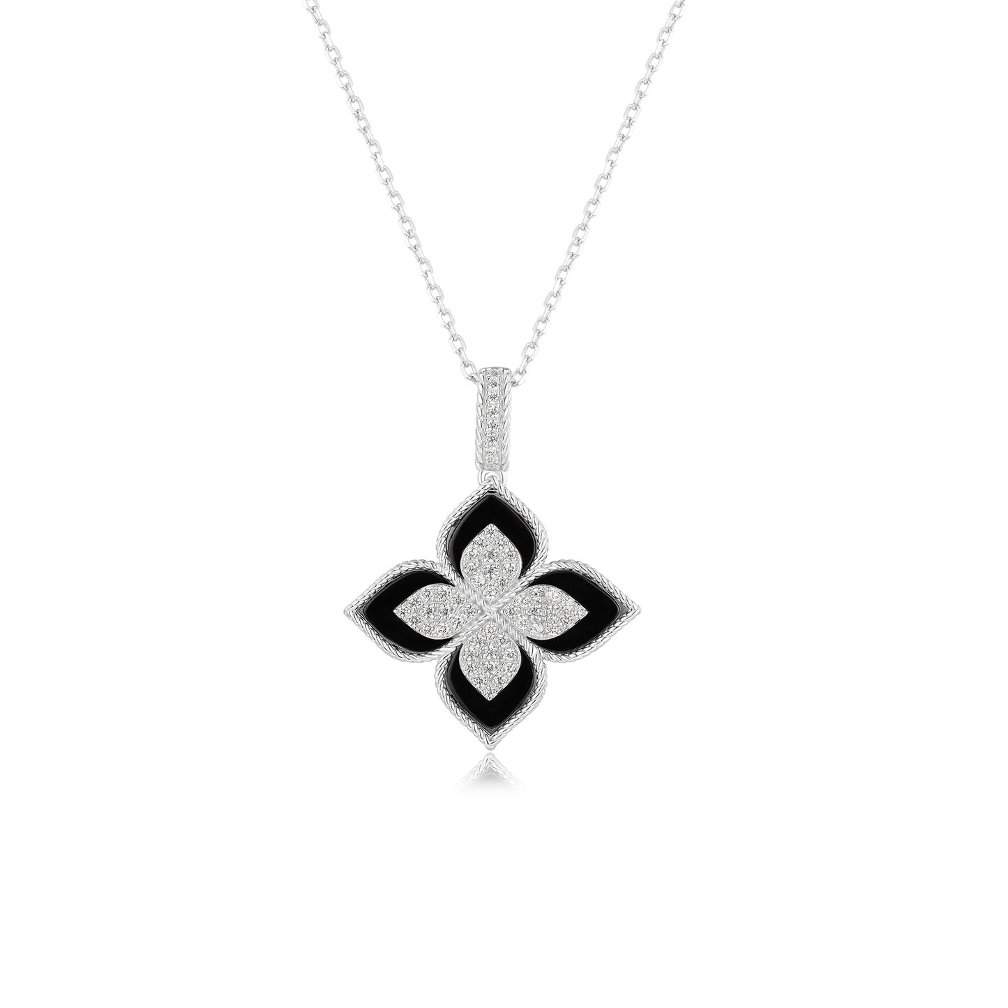 Suzy Levian Sterling Silver Black Enamel White Cubic Zirconia Pave Flower Clover Pendant