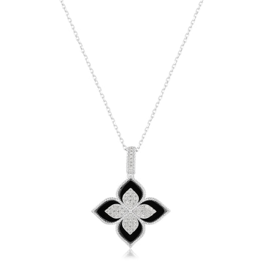 Suzy Levian Sterling Silver Black Enamel White Cubic Zirconia Pave Flower Clover Pendant