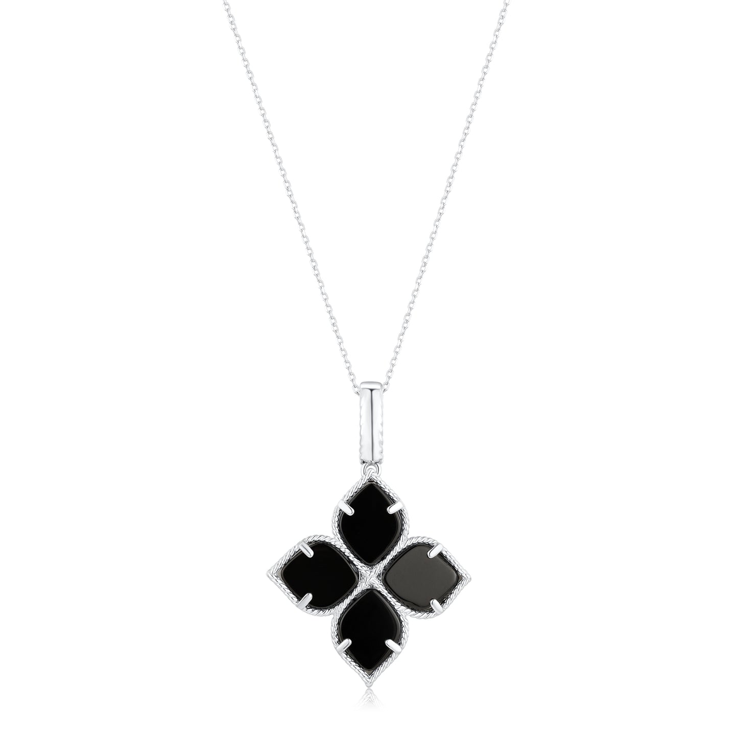 Suzy Levian Sterling Silver Black Enamel White Cubic Zirconia Pave Flower Clover Pendant