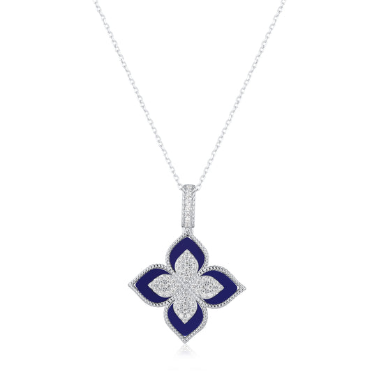 Suzy Levian Sterling Silver Blue Enamel White Cubic Zirconia Pave Flower Clover Pendant