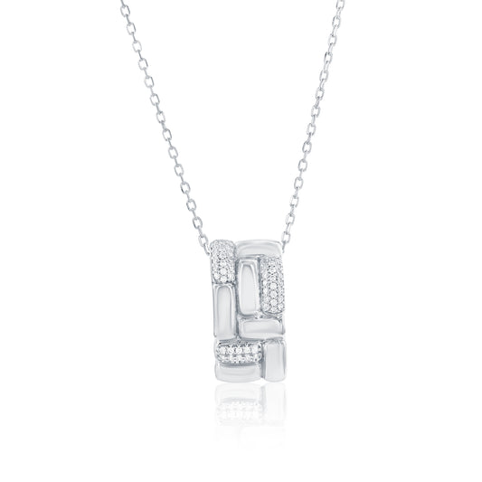 Suzy Levian Sterling Silver & White Cubic Zirconia Pave Checkered Curved Pendant Necklace