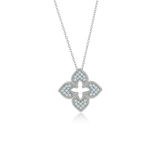 Suzy Levian Sterling Silver White Cubic Zirconia Pave Flower Clover Pendant Necklace