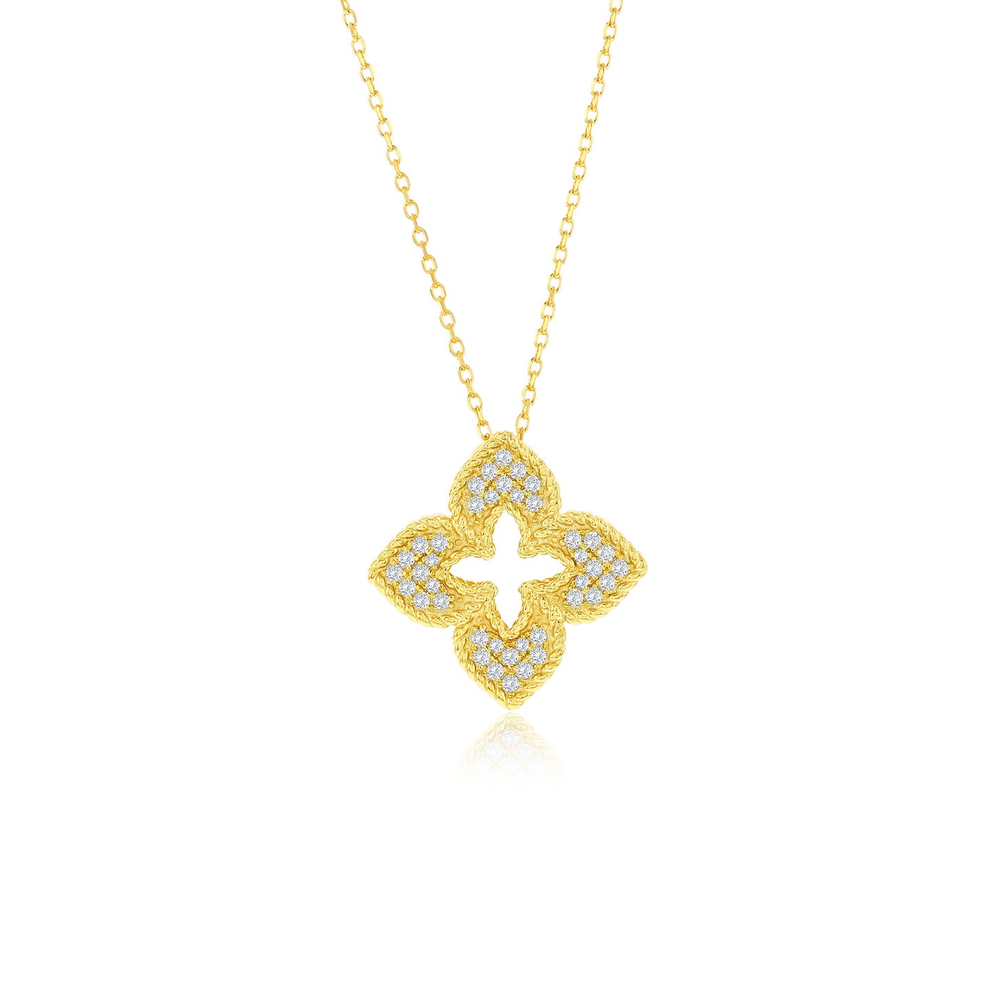 Suzy Levian Yellow Sterling Silver White Cubic Zirconia Pave Flower Clover Pendant Necklace