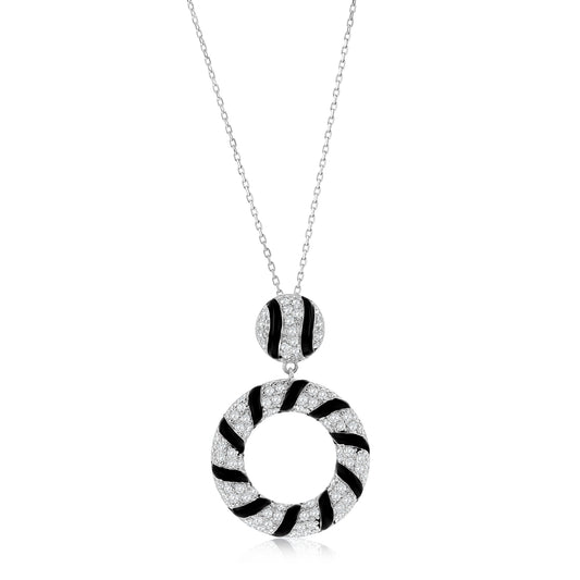 Suzy Levian Sterling Silver Pave White Cubic Zirconia Black Enamel Circle Drop Pendant