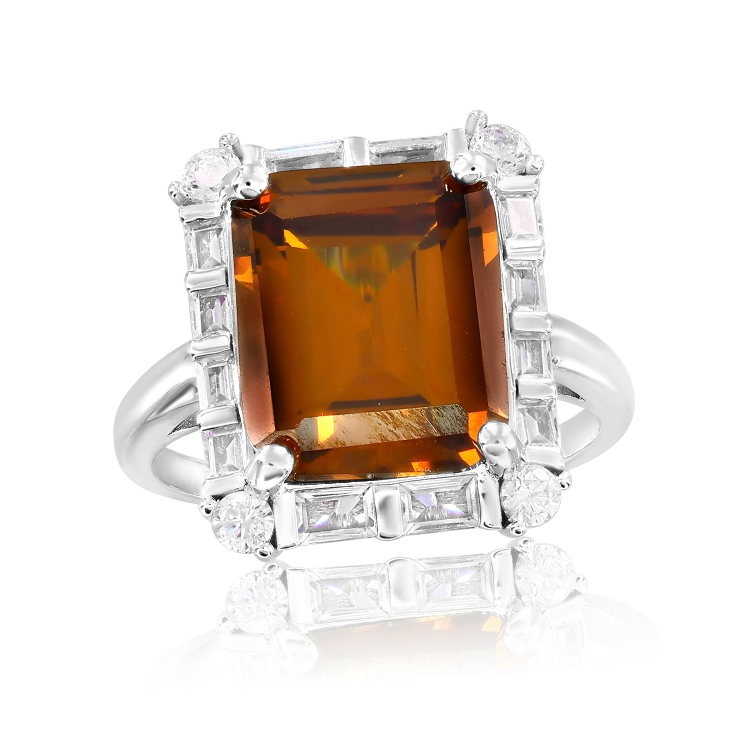 Suzy Levian Sterling Silver Emerald-Cut Brown Cubic Zirconia White Cubic Zirconia Ring