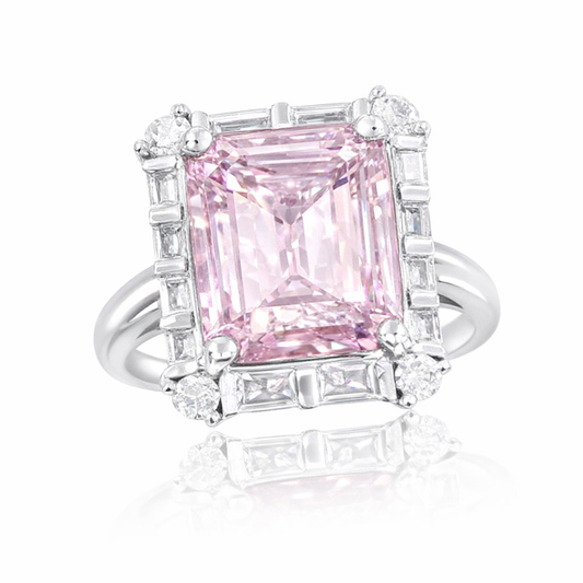 Suzy Levian Sterling Silver Emerald-Cut Pink Cubic Zirconia White Cubic Zirconia Ring