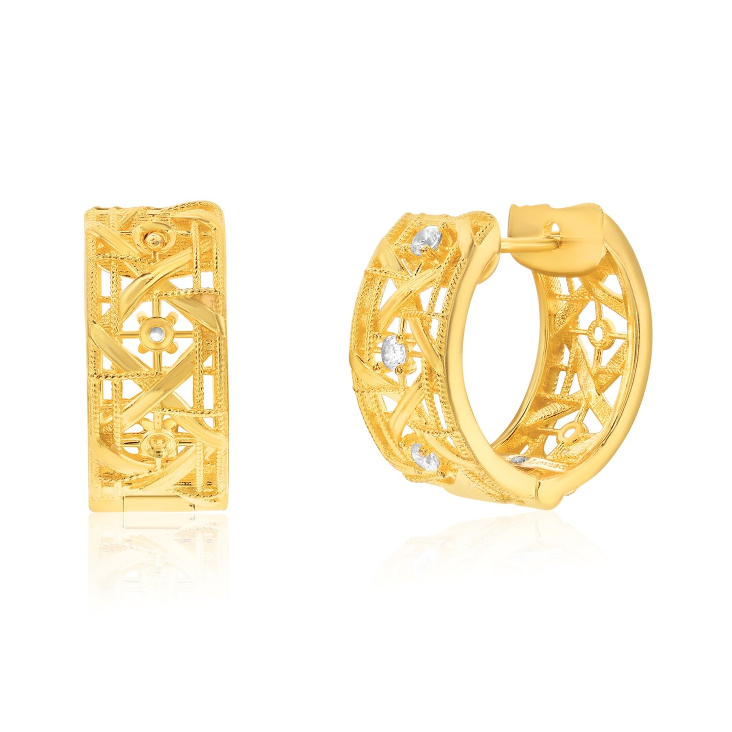 Suzy Levian Yellow Sterling Silver & White Cubic Zirconia Cutout Huggie Hoop Earrings