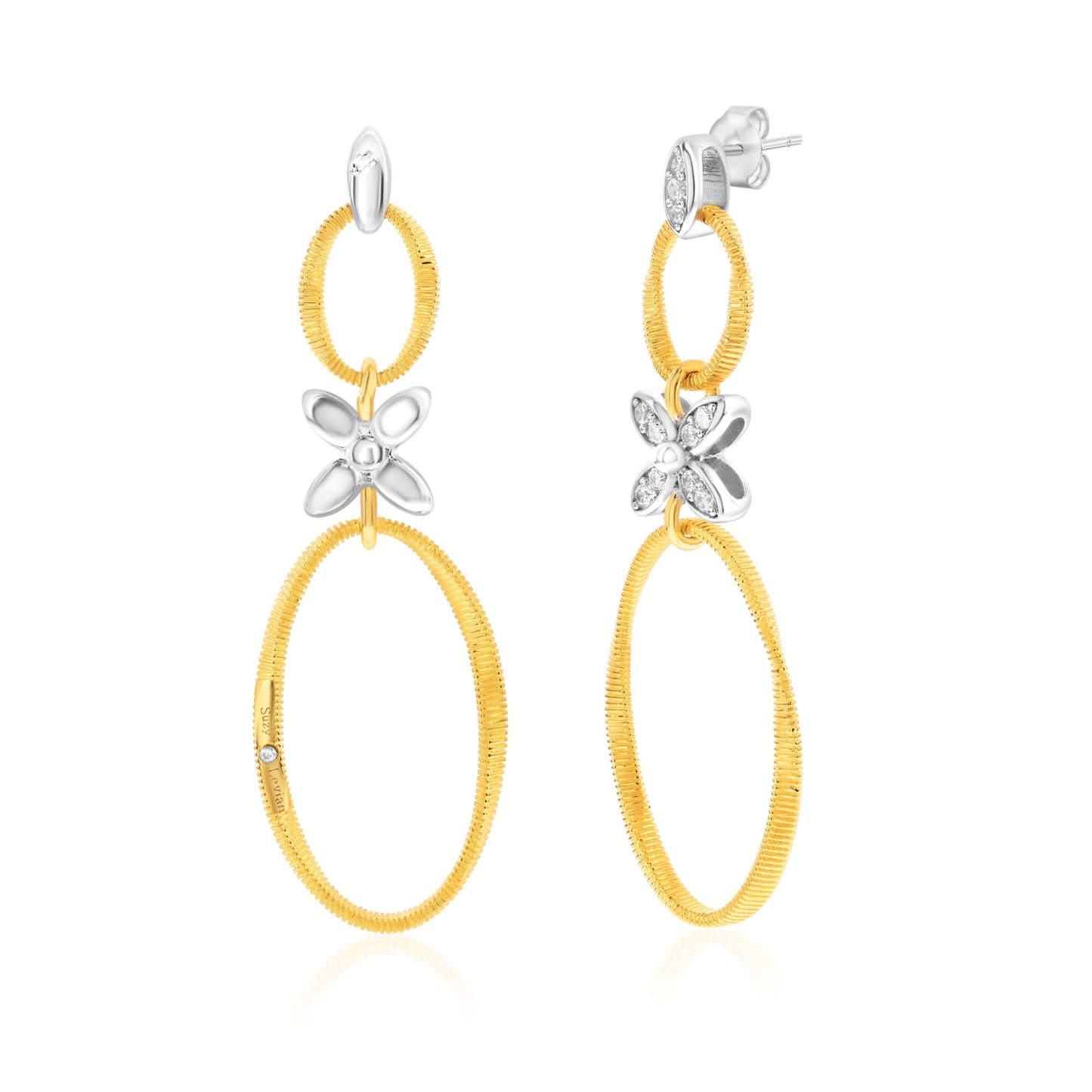 Suzy Levian The Golden Helix Yellow Sterling Silver & Cubic Zirconia Flower Double Circle Coil Earrings