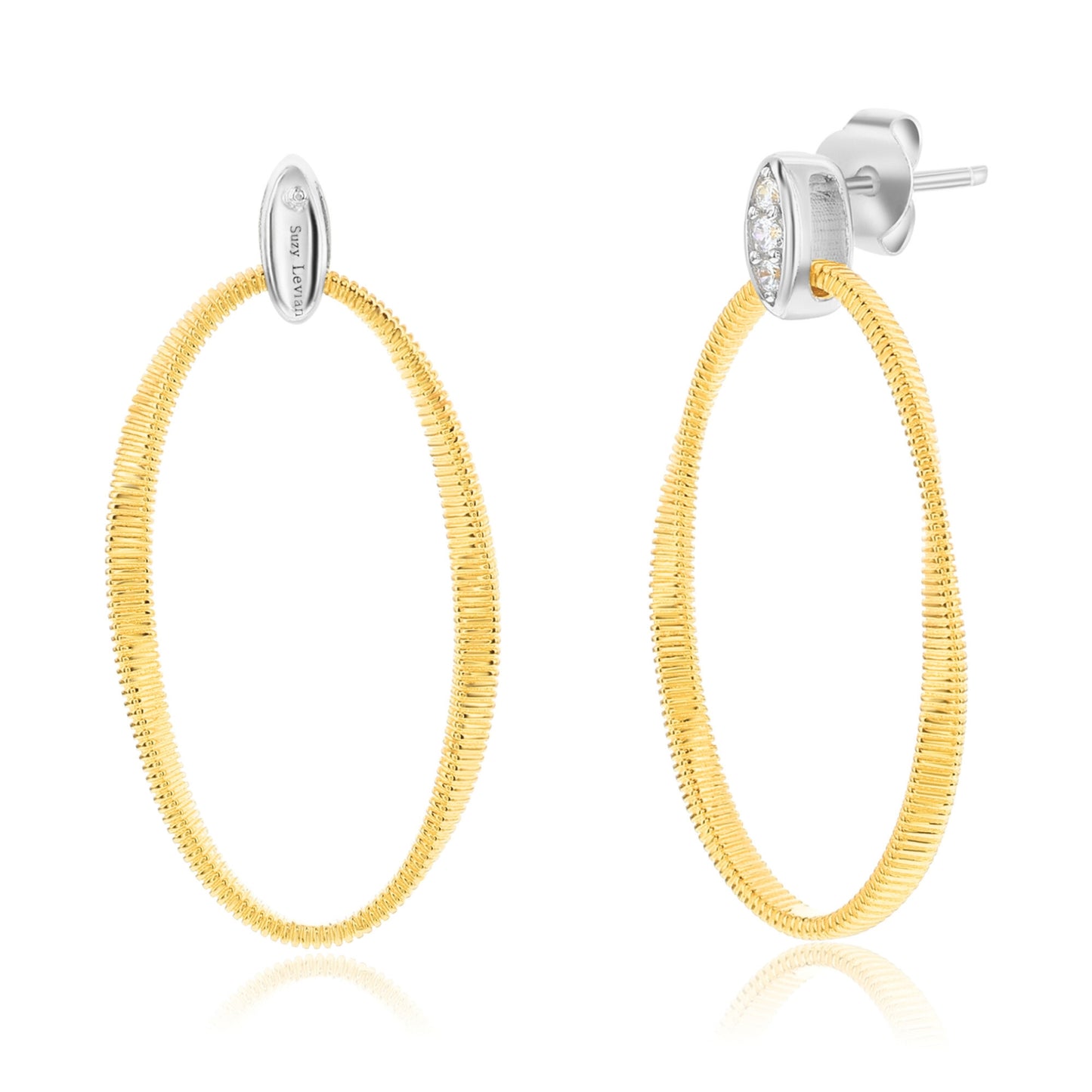 Suzy Levian The Golden Helix Yellow Sterling Silver & White Cubic Zirconia Oval Drop Earrings