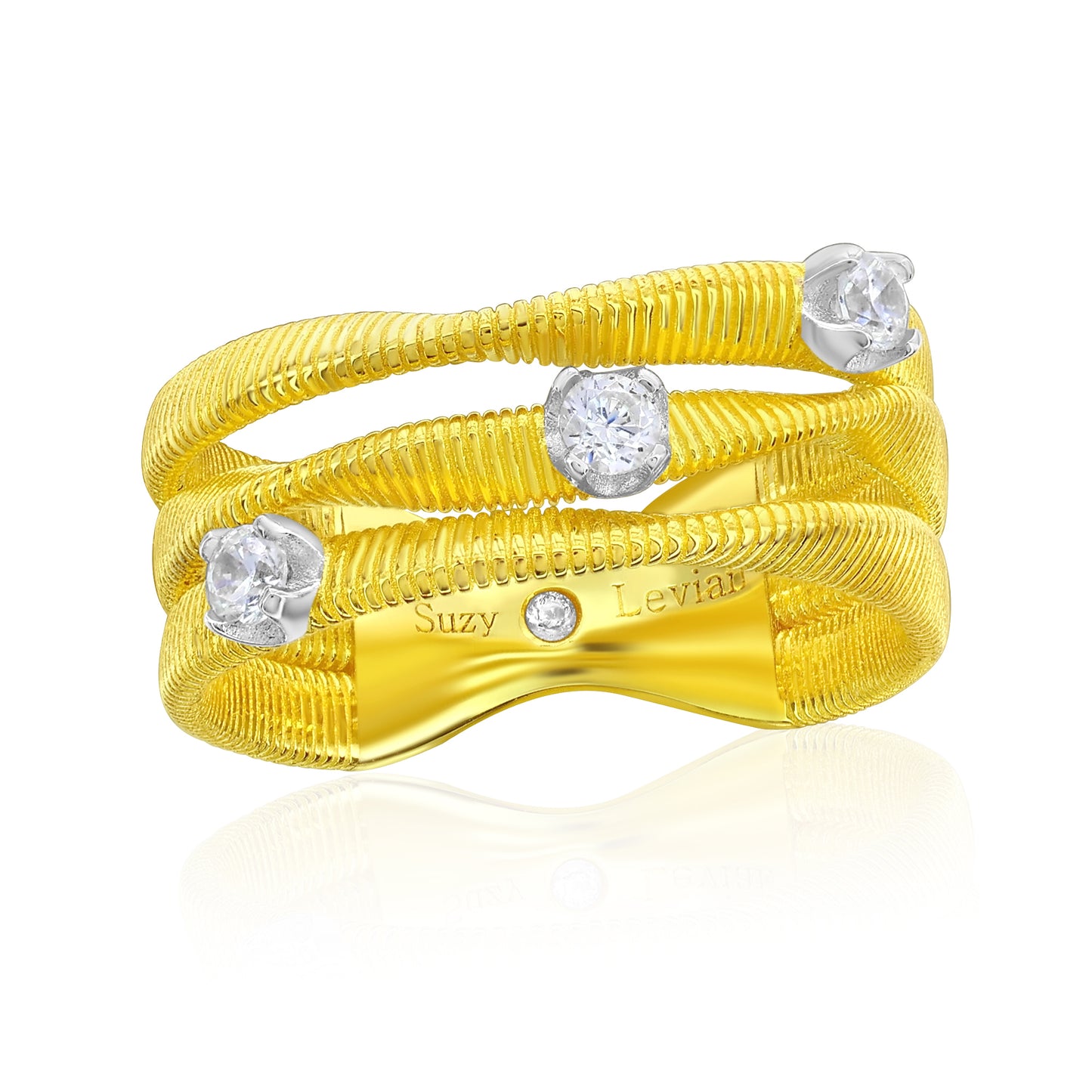 Suzy Levian The Golden Helix Yellow Sterling Silver White Cubic Zirconia Coil Three Row Twisted Ring