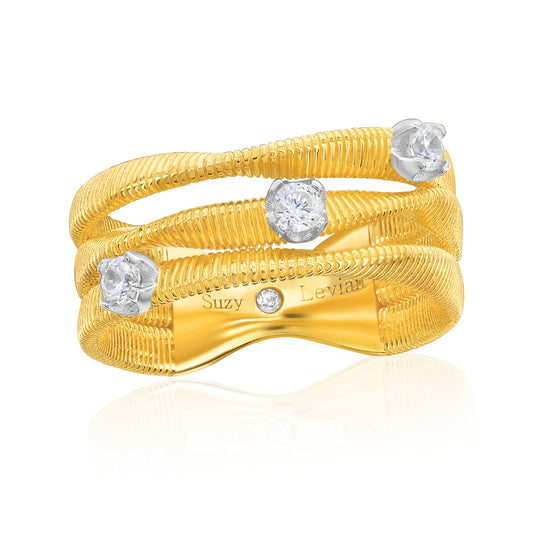 Suzy Levian The Golden Helix Yellow Sterling Silver White Cubic Zirconia Coil Three Row Twisted Ring