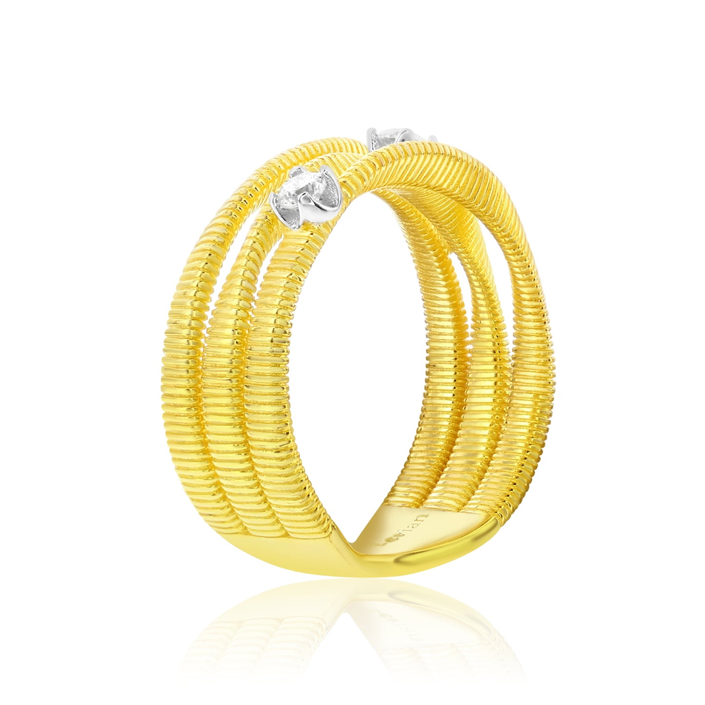 Suzy Levian The Golden Helix Yellow Sterling Silver White Cubic Zirconia Coil Three Row Twisted Ring