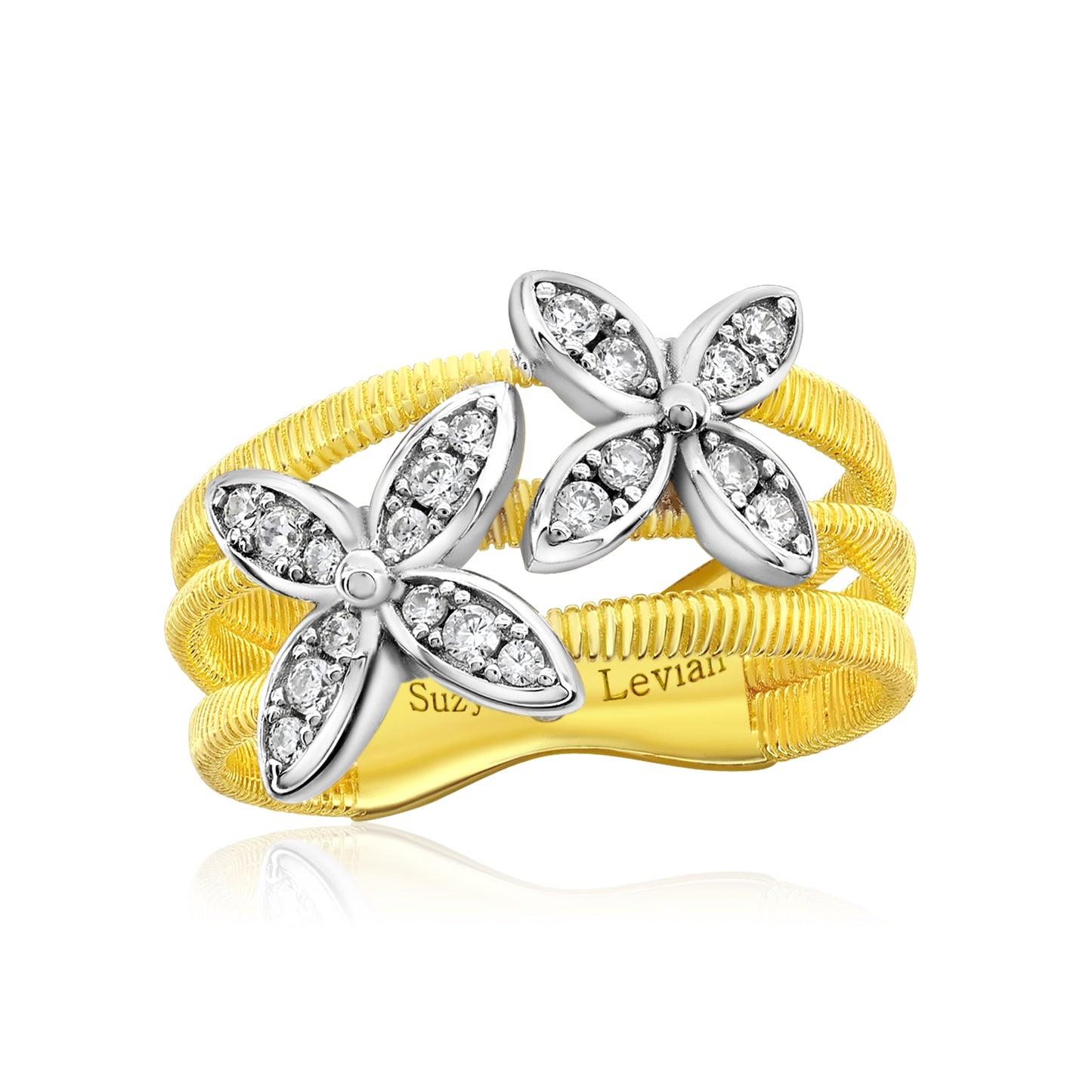 Suzy Levian The Golden Helix Yellow Sterling Silver White Cubic Zirconia Coil Three Row Double Flower Ring