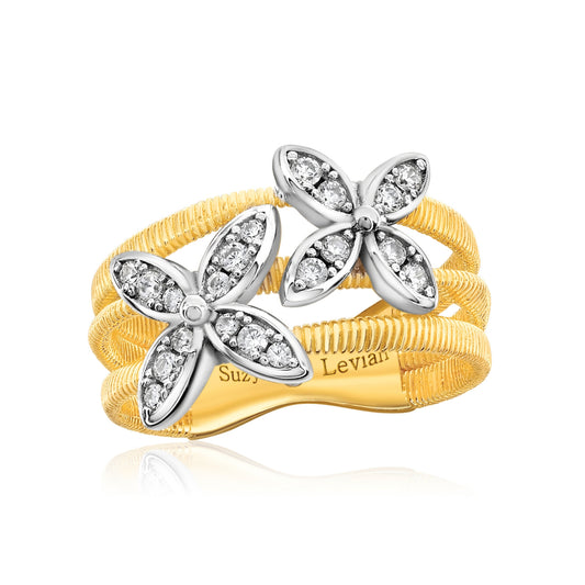 Suzy Levian The Golden Helix Yellow Sterling Silver White Cubic Zirconia Coil Three Row Double Flower Ring