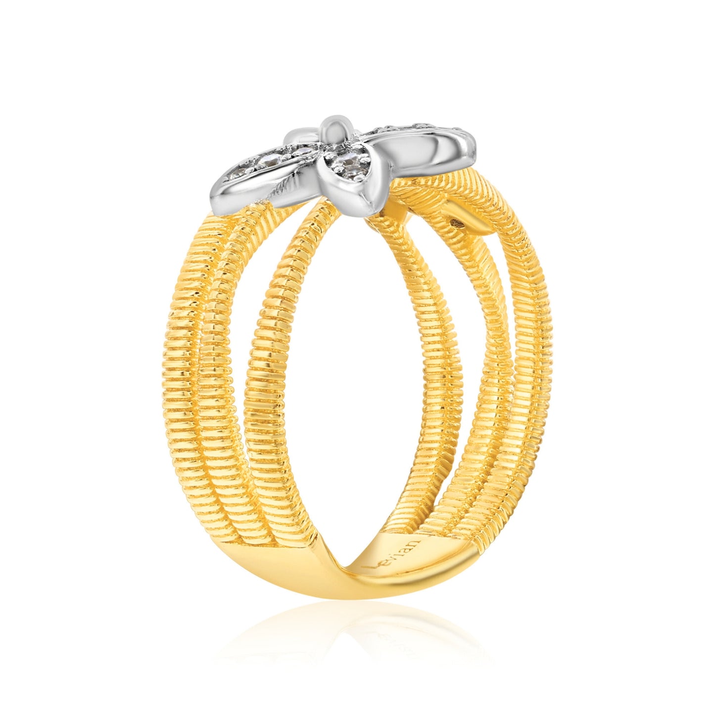 Suzy Levian The Golden Helix Yellow Sterling Silver White Cubic Zirconia Coil Three Row Double Flower Ring