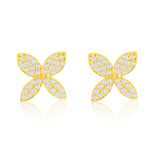 Suzy Levian 14K Yellow Gold .15 cttw Diamond Pave Marquise Flower Stud Earrings