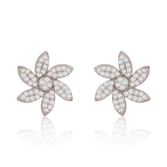 Suzy Levian 14K White Gold .20 cttw Diamond Pave Curved Flower Stud Earrings